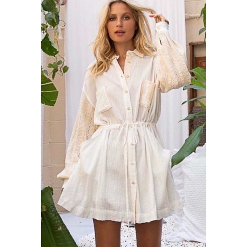 POL Off White Crochet Sleeves Cotton Shirt Dress